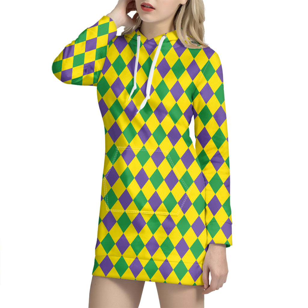 Harlequin Mardi Gras Pattern Print Hoodie Dress