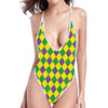 Harlequin Mardi Gras Pattern Print One Piece High Cut Swimsuit