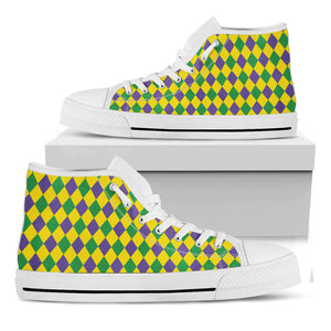 Harlequin Mardi Gras Pattern Print White High Top Shoes