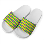Harlequin Mardi Gras Pattern Print White Slide Sandals