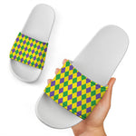 Harlequin Mardi Gras Pattern Print White Slide Sandals