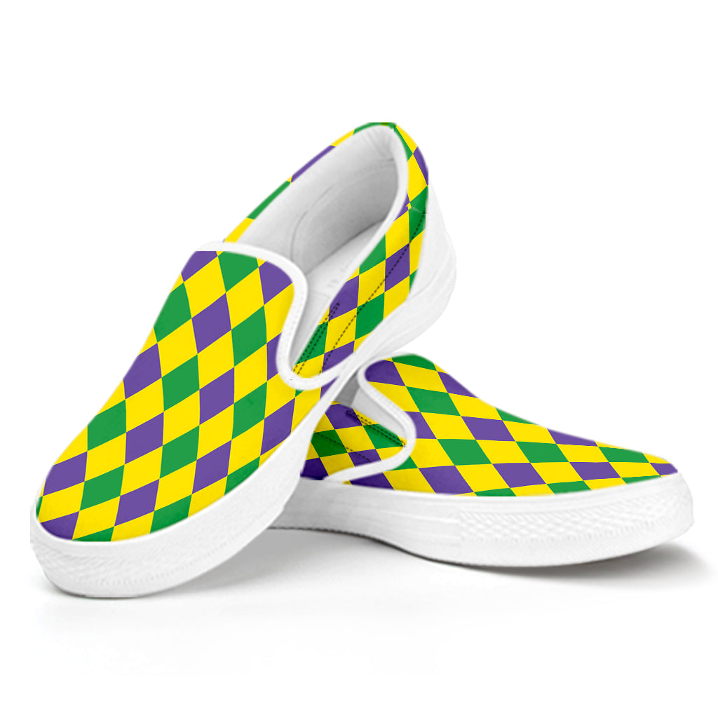 Harlequin Mardi Gras Pattern Print White Slip On Shoes