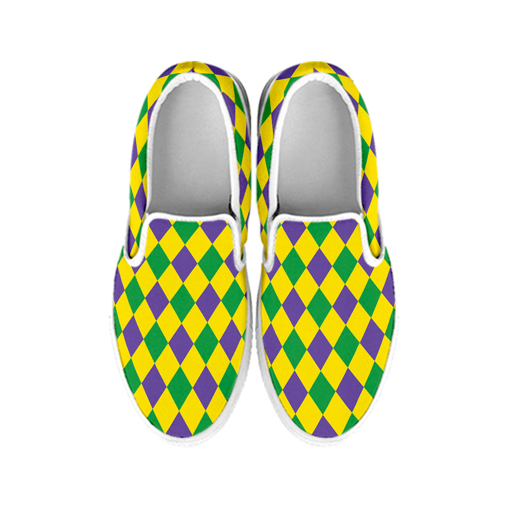 Harlequin Mardi Gras Pattern Print White Slip On Shoes