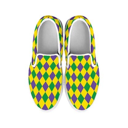 Harlequin Mardi Gras Pattern Print White Slip On Shoes