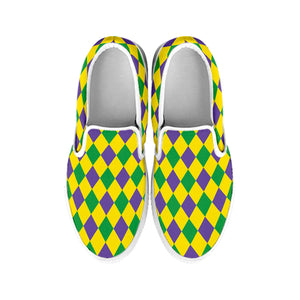 Harlequin Mardi Gras Pattern Print White Slip On Shoes