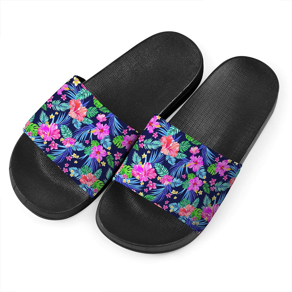 Hawaii Exotic Flowers Pattern Print Black Slide Sandals