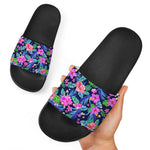 Hawaii Exotic Flowers Pattern Print Black Slide Sandals