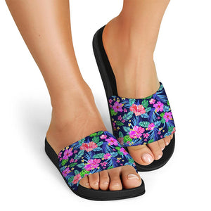 Hawaii Exotic Flowers Pattern Print Black Slide Sandals