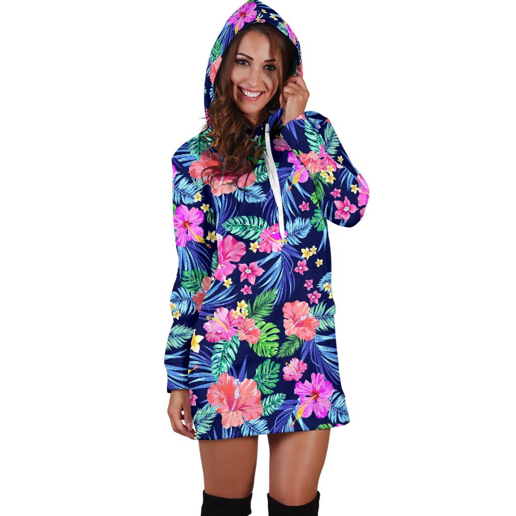 Hawaii Exotic Flowers Pattern Print Hoodie Dress GearFrost