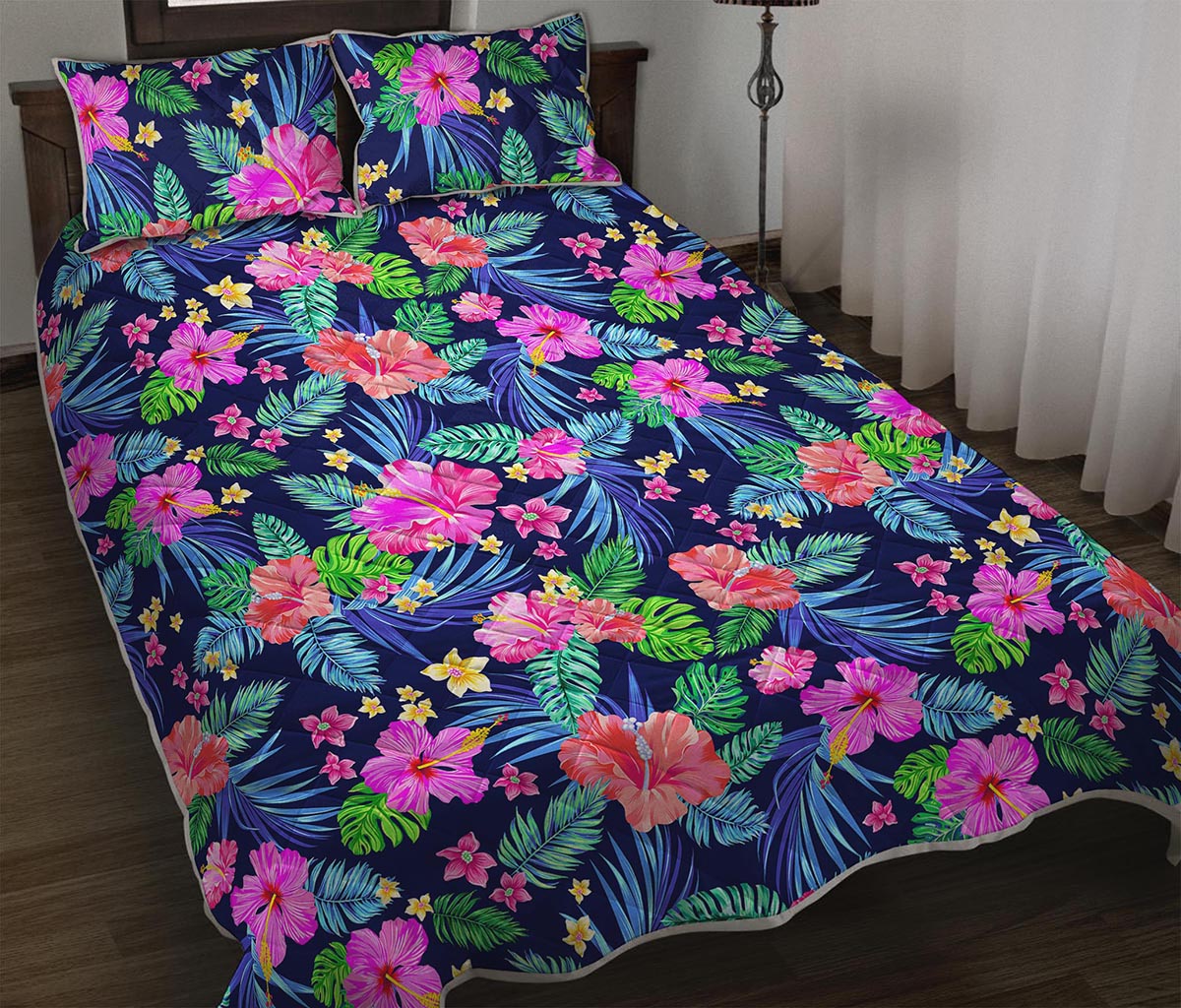 Hawaii Exotic Flowers Pattern Print Quilt Bed Set