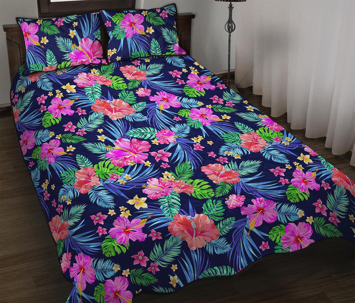 Hawaii Exotic Flowers Pattern Print Quilt Bed Set