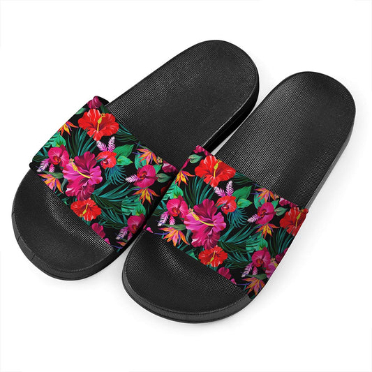Hawaii Floral Flowers Pattern Print Black Slide Sandals
