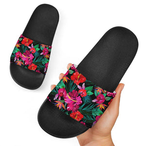 Hawaii Floral Flowers Pattern Print Black Slide Sandals