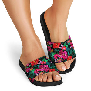 Hawaii Floral Flowers Pattern Print Black Slide Sandals