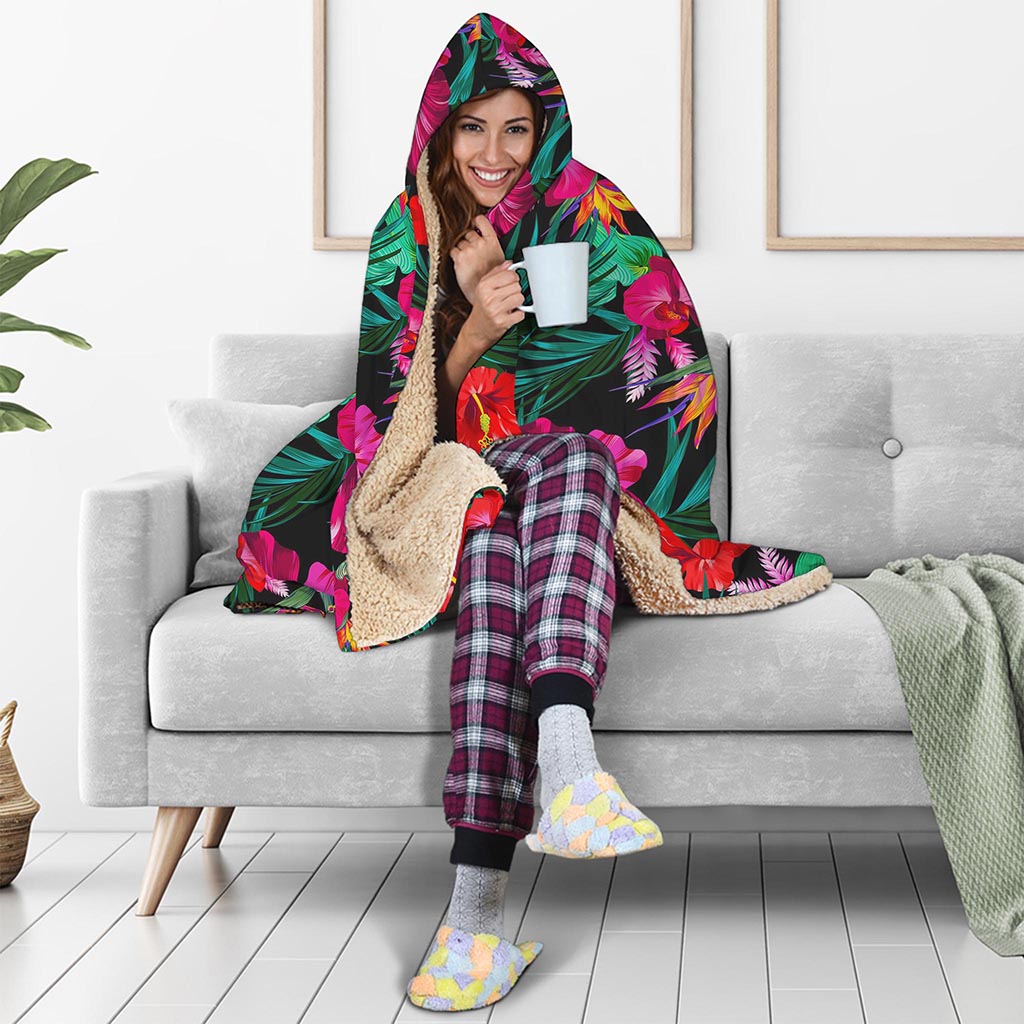 Hawaii Floral Flowers Pattern Print Hooded Blanket
