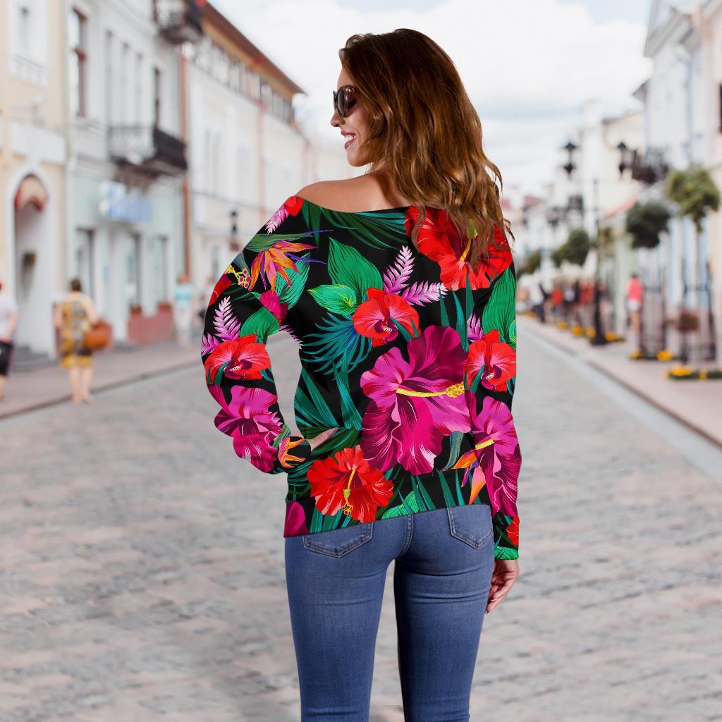 Hawaii Floral Flowers Pattern Print Off Shoulder Sweatshirt GearFrost