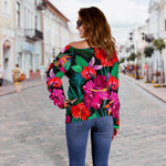 Hawaii Floral Flowers Pattern Print Off Shoulder Sweatshirt GearFrost