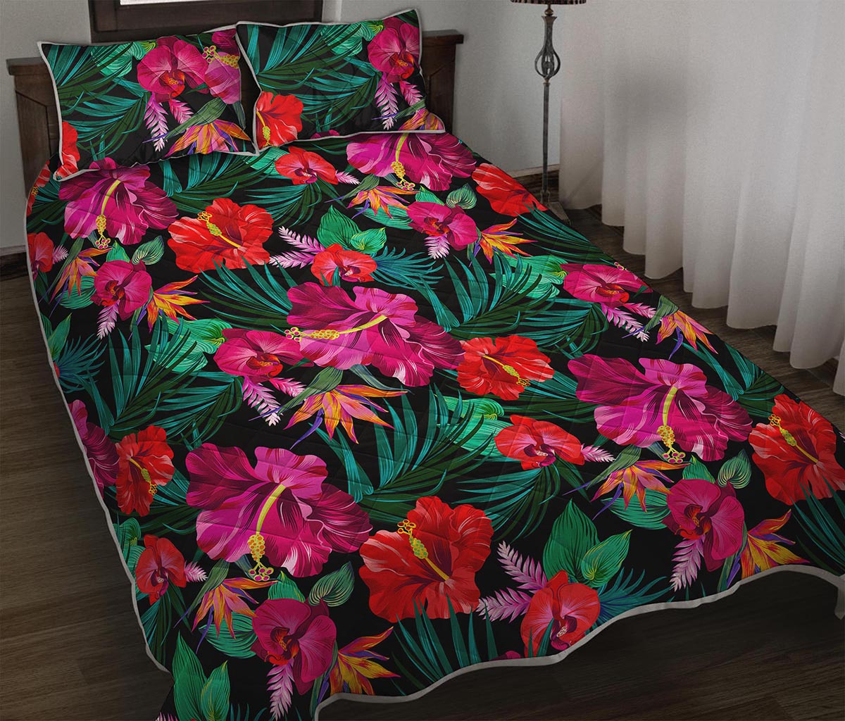Hawaii Floral Flowers Pattern Print Quilt Bed Set