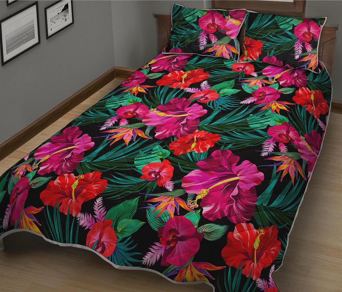 Hawaii Floral Flowers Pattern Print Quilt Bed Set