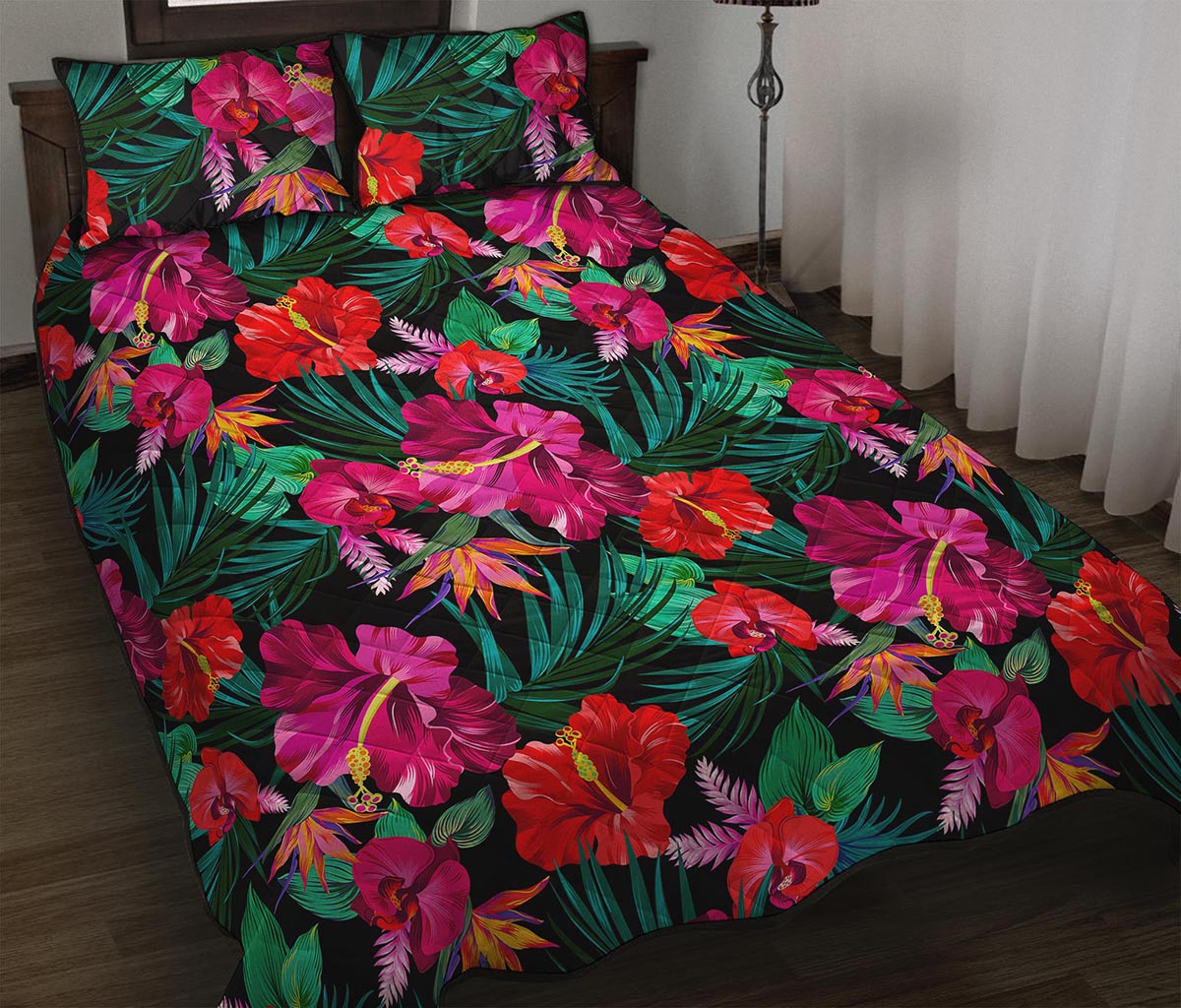 Hawaii Floral Flowers Pattern Print Quilt Bed Set