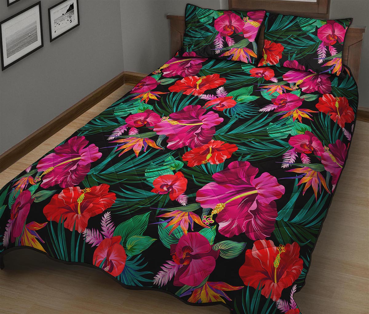 Hawaii Floral Flowers Pattern Print Quilt Bed Set