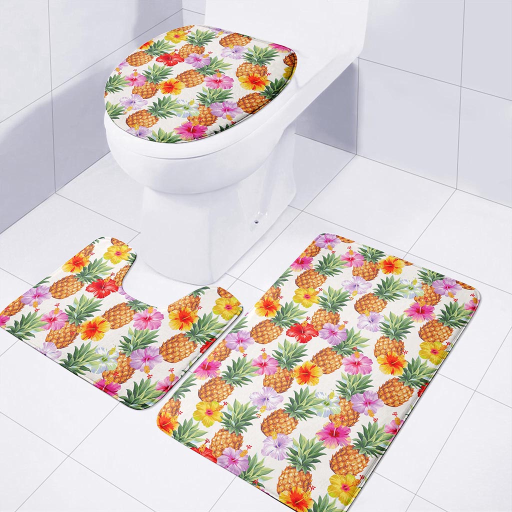 Hawaii Hibiscus Pineapple Pattern Print 3 Piece Bath Mat Set