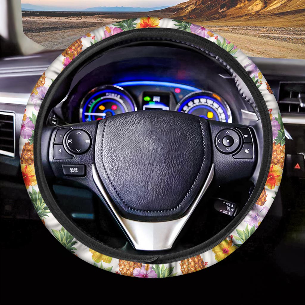 Hawaii Hibiscus Pineapple Pattern Print Car Steering Wheel Cover
