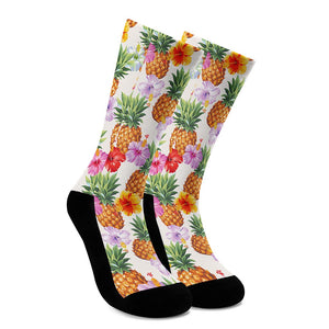 Hawaii Hibiscus Pineapple Pattern Print Crew Socks