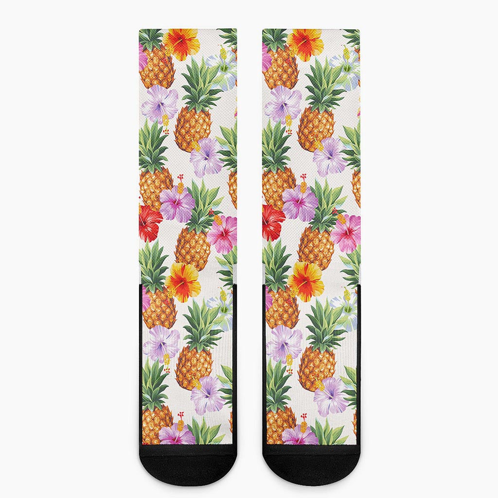 Hawaii Hibiscus Pineapple Pattern Print Crew Socks