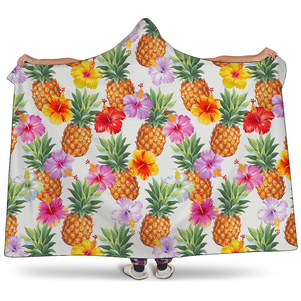 Hawaii Hibiscus Pineapple Pattern Print Hooded Blanket