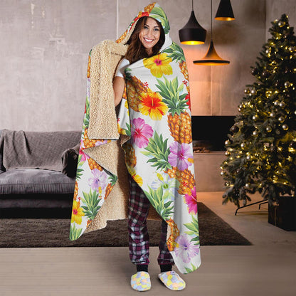 Hawaii Hibiscus Pineapple Pattern Print Hooded Blanket