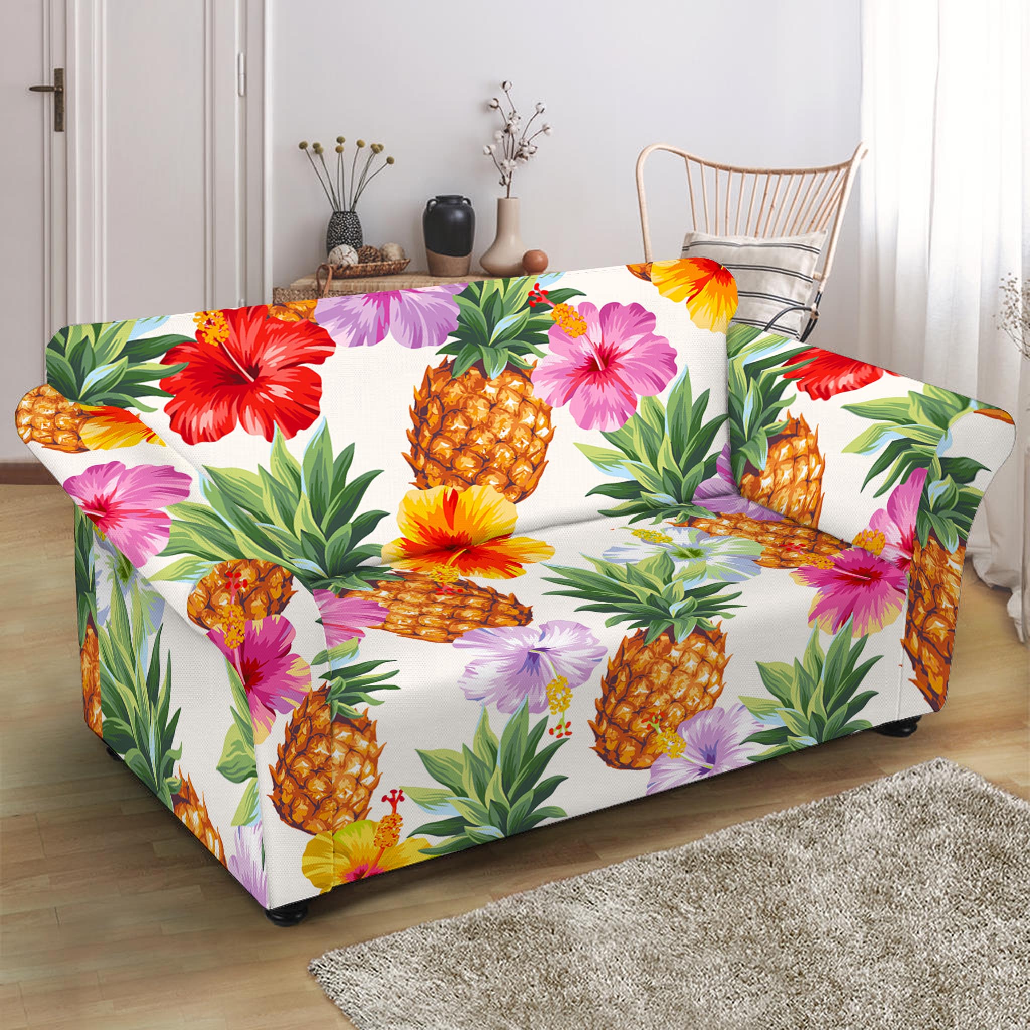Hawaii Hibiscus Pineapple Pattern Print Loveseat Slipcover