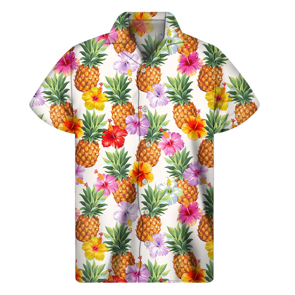 Hawaii Hibiscus Pineapple Pattern Print Men's Short Sleeve Shirt