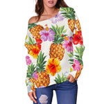 Hawaii Hibiscus Pineapple Pattern Print Off Shoulder Sweatshirt GearFrost