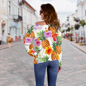 Hawaii Hibiscus Pineapple Pattern Print Off Shoulder Sweatshirt GearFrost