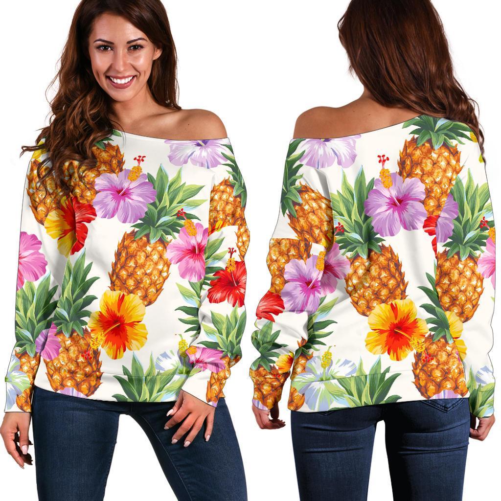 Hawaii Hibiscus Pineapple Pattern Print Off Shoulder Sweatshirt GearFrost