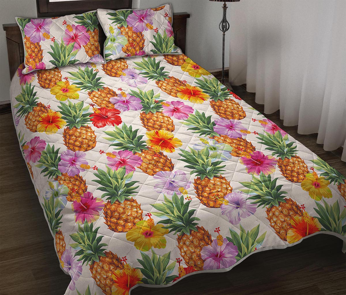 Hawaii Hibiscus Pineapple Pattern Print Quilt Bed Set