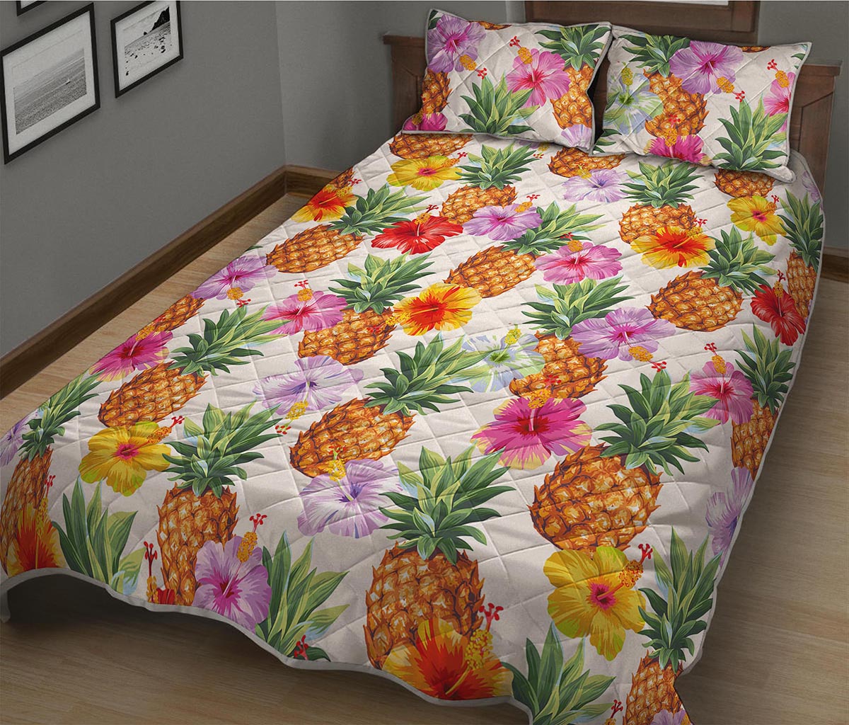 Hawaii Hibiscus Pineapple Pattern Print Quilt Bed Set