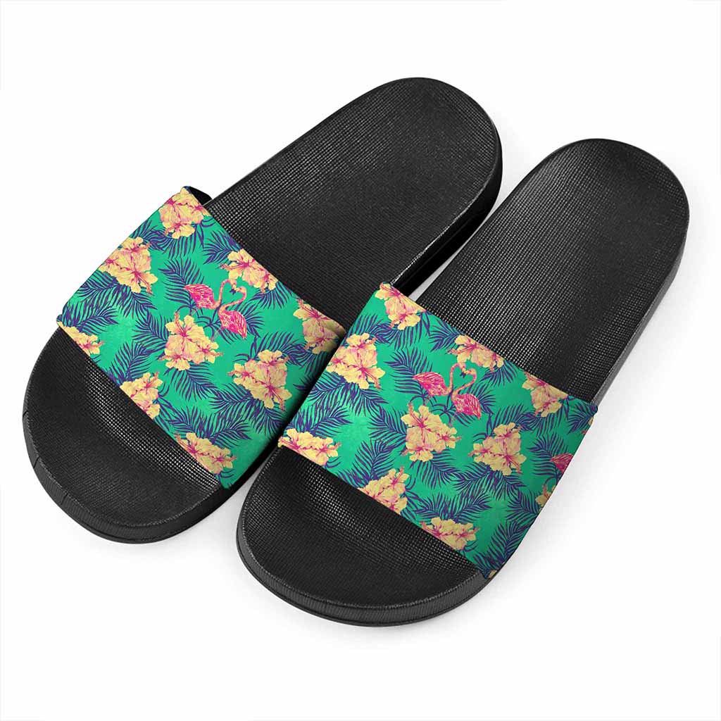 Hawaii Tropical Paradise Pattern Print Black Slide Sandals