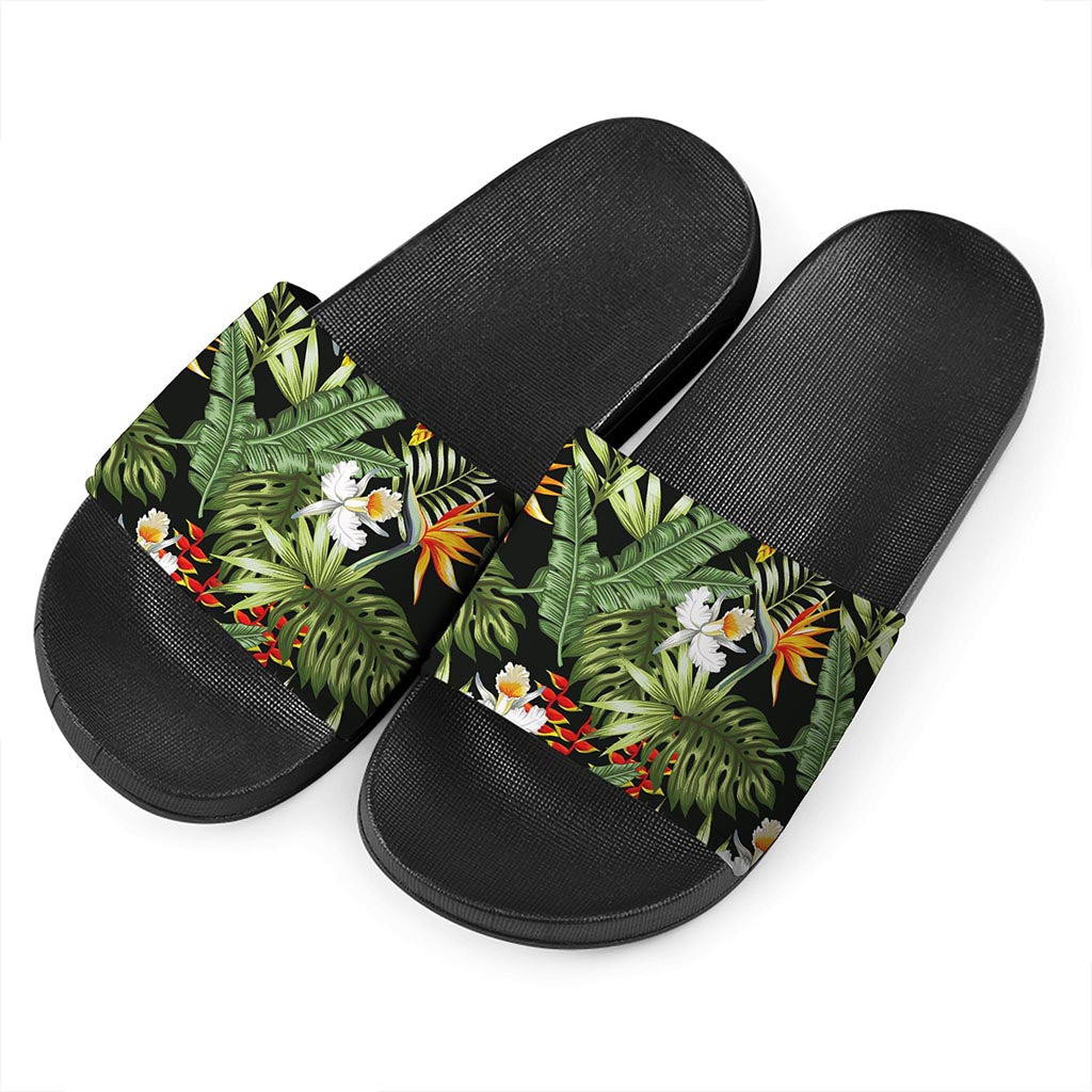 Hawaii Tropical Plants Pattern Print Black Slide Sandals