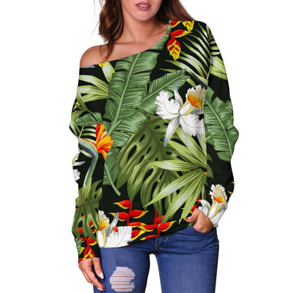 Hawaii Tropical Plants Pattern Print Off Shoulder Sweatshirt GearFrost