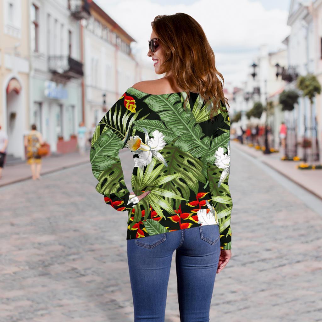 Hawaii Tropical Plants Pattern Print Off Shoulder Sweatshirt GearFrost