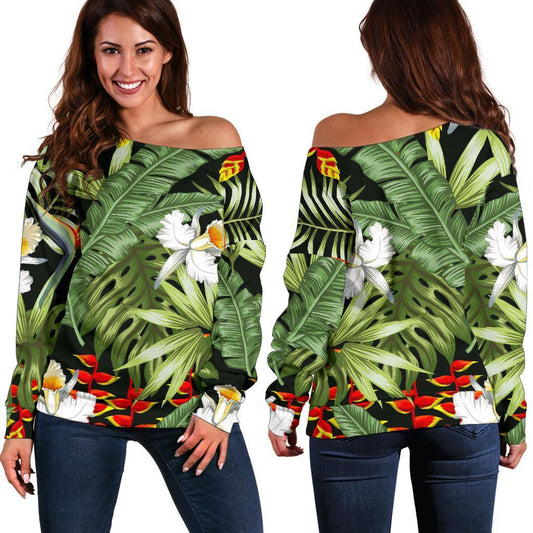 Hawaii Tropical Plants Pattern Print Off Shoulder Sweatshirt GearFrost