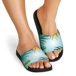 Hawaiian Aloha Flower Print Black Slide Sandals