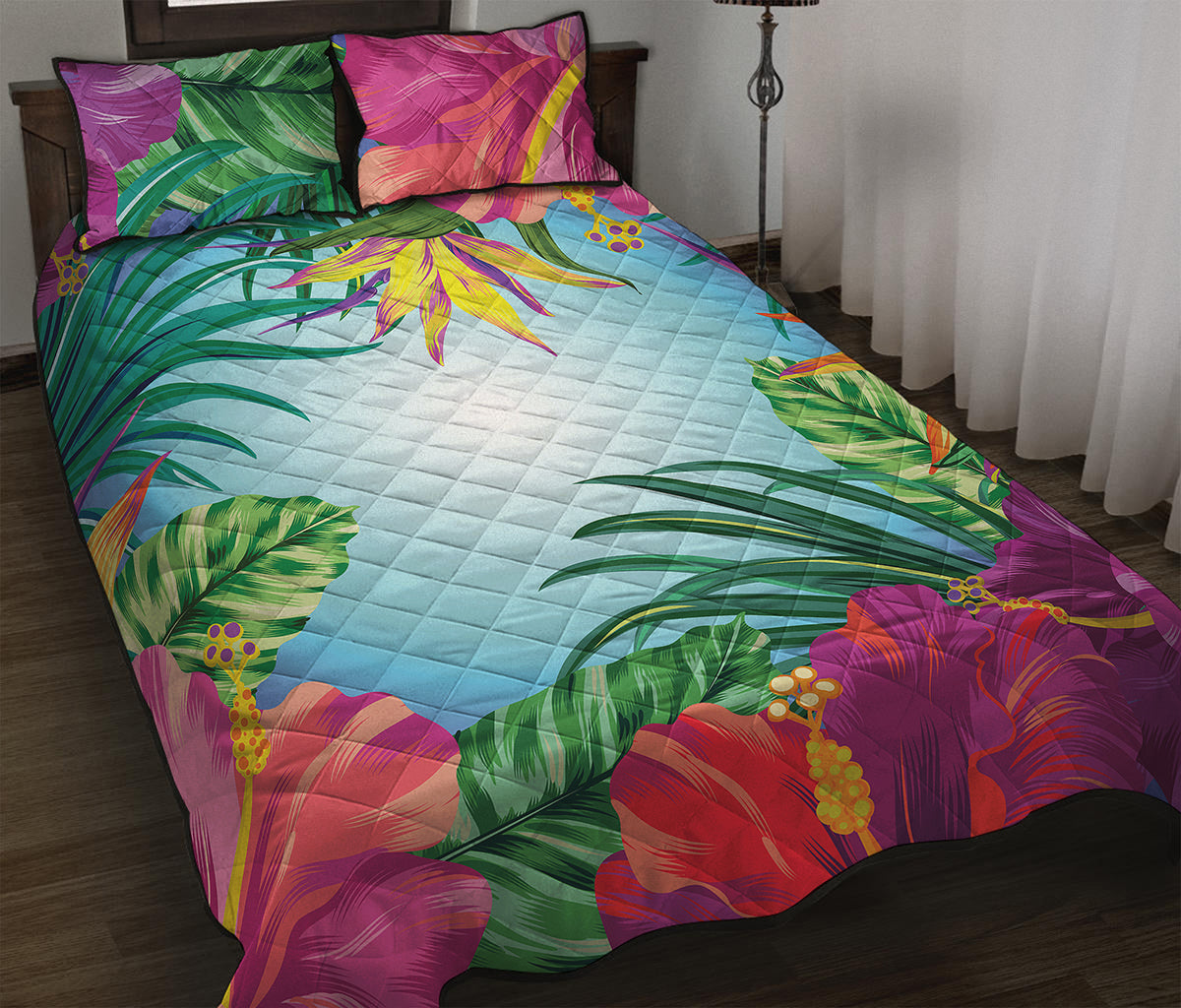 Hawaiian Aloha Flower Print Quilt Bed Set