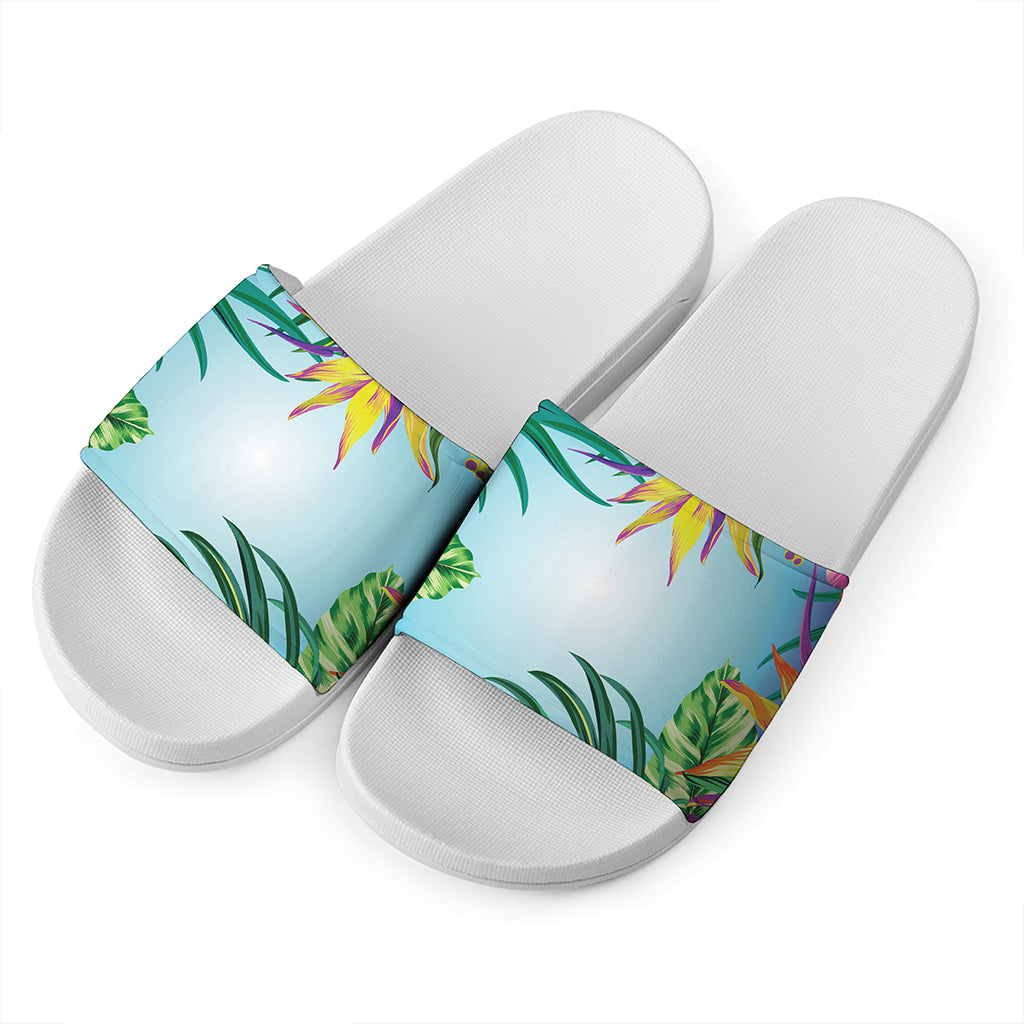 Hawaiian Aloha Flower Print White Slide Sandals