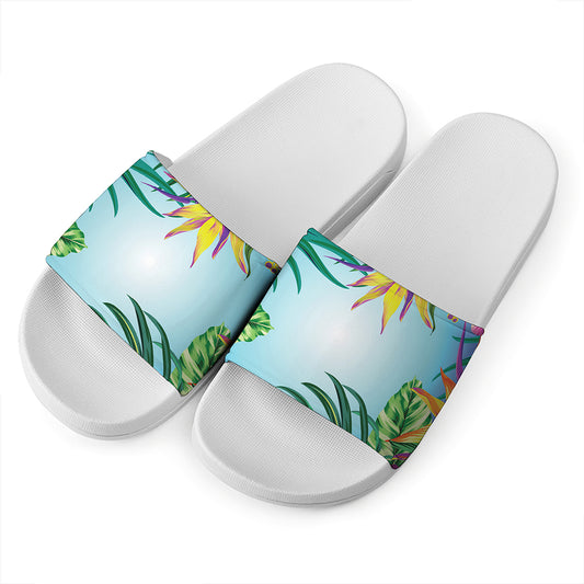 Hawaiian Aloha Flower Print White Slide Sandals