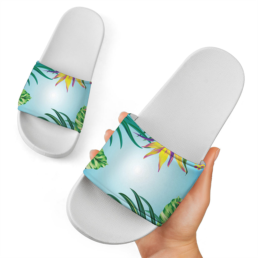 Hawaiian Aloha Flower Print White Slide Sandals