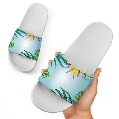 Hawaiian Aloha Flower Print White Slide Sandals