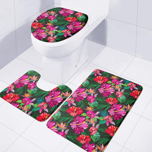 Hawaiian Floral Flowers Pattern Print 3 Piece Bath Mat Set